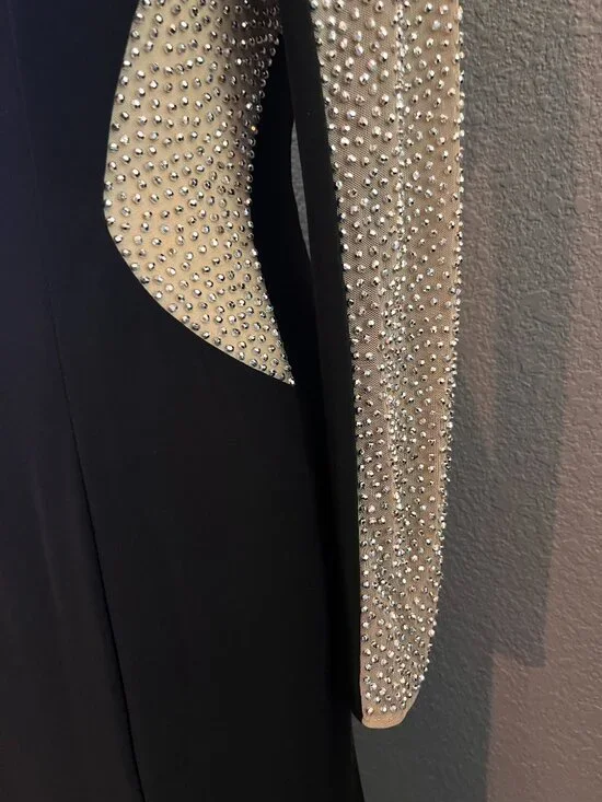 XSCAPES GEORGIA BLACK & NUDE MESH BEADED ILLUSION MAXI DRESS FORMAL GOWN NWOT 4 - Picture 6 of 16